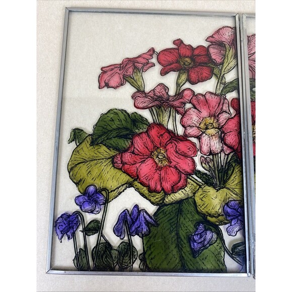 Rare Vintage Hand Painted Floral Stained Glass Folding Panel Art Deco Signed DML - Picture 6 of 7